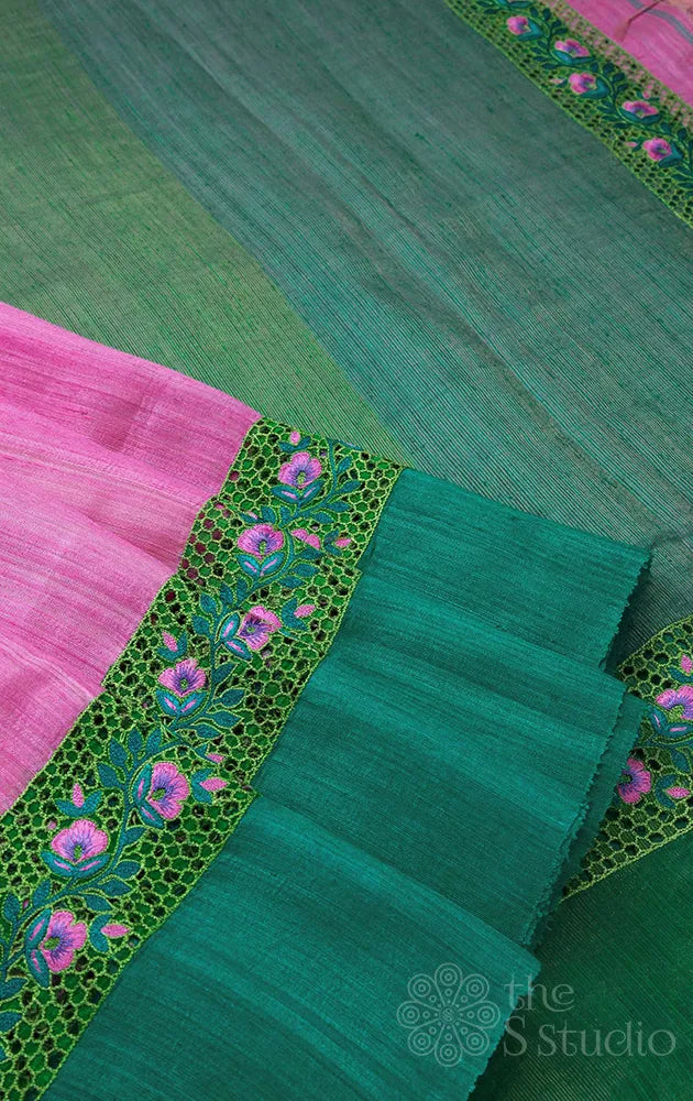 Lotus pink matka silk saree with cutwork and embroidery
