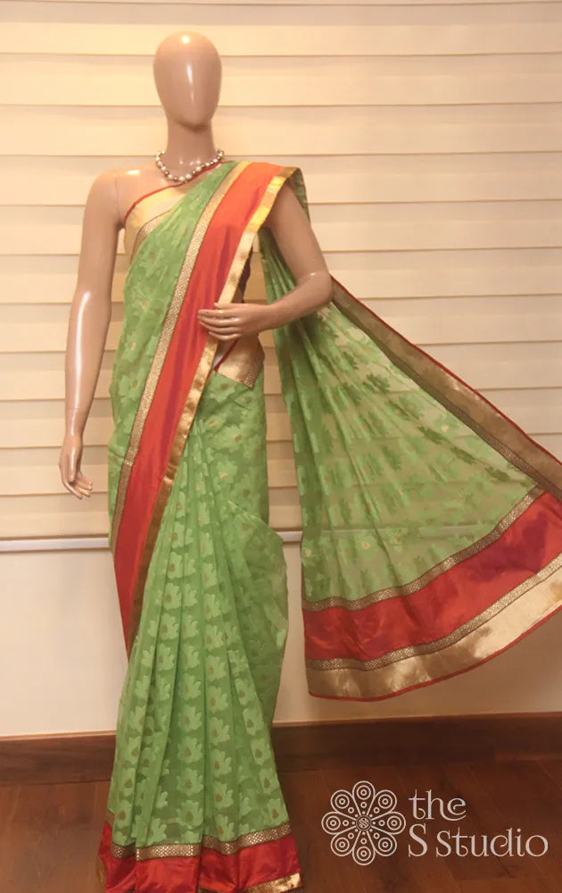 Green banares net saree with zari border