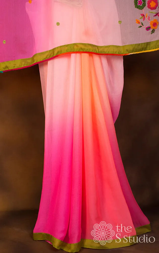 Peach and Pink Chiffon Hand Embroidered Saree with Blouse