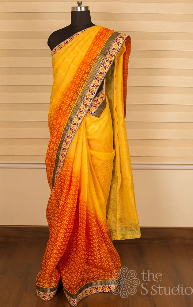 Yellow Printed Cotton Silk Saree With Woven Border