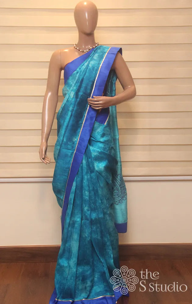 Shaded blue shibori raw silk designer saree