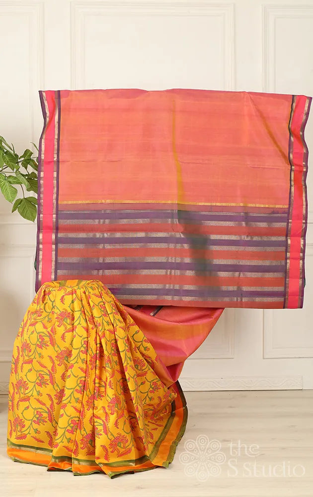 Mustard partly pallu Kanchipuram silk with block prints