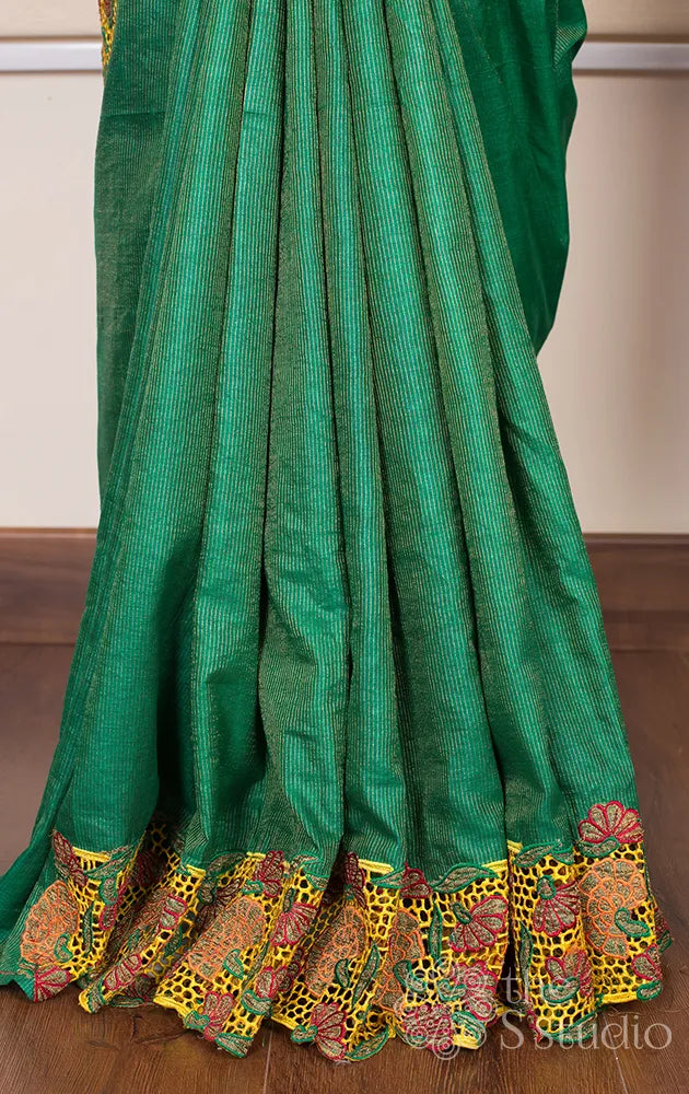 Bottle Green tussar with Yellow Cutwork Saree