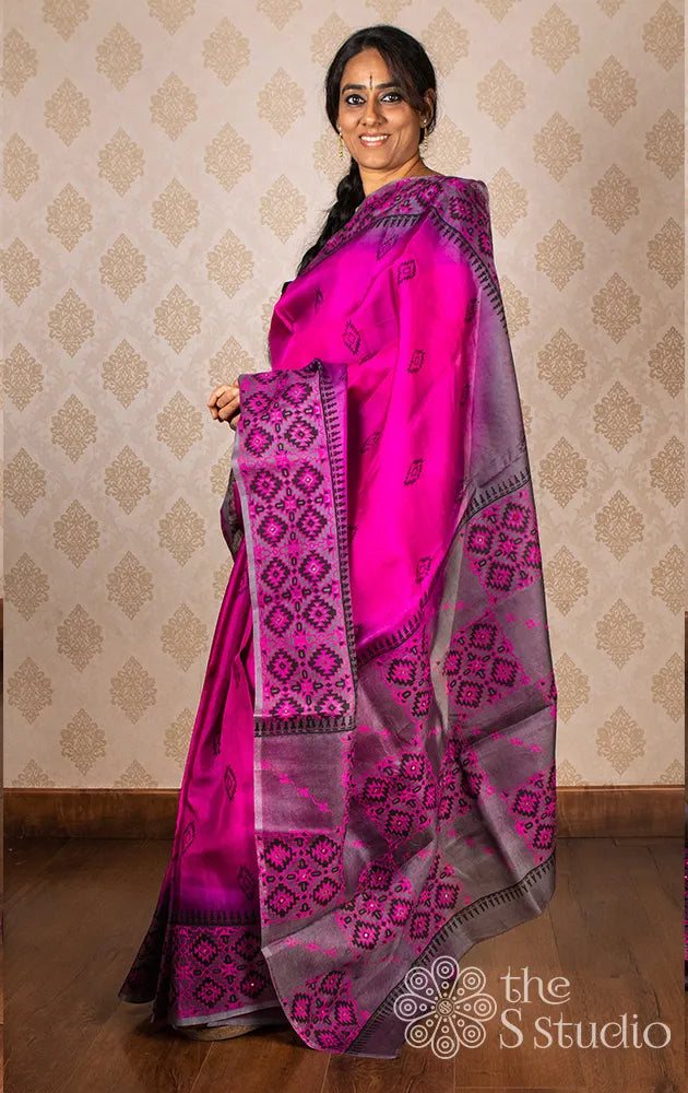 Magenta organza saree with block prints