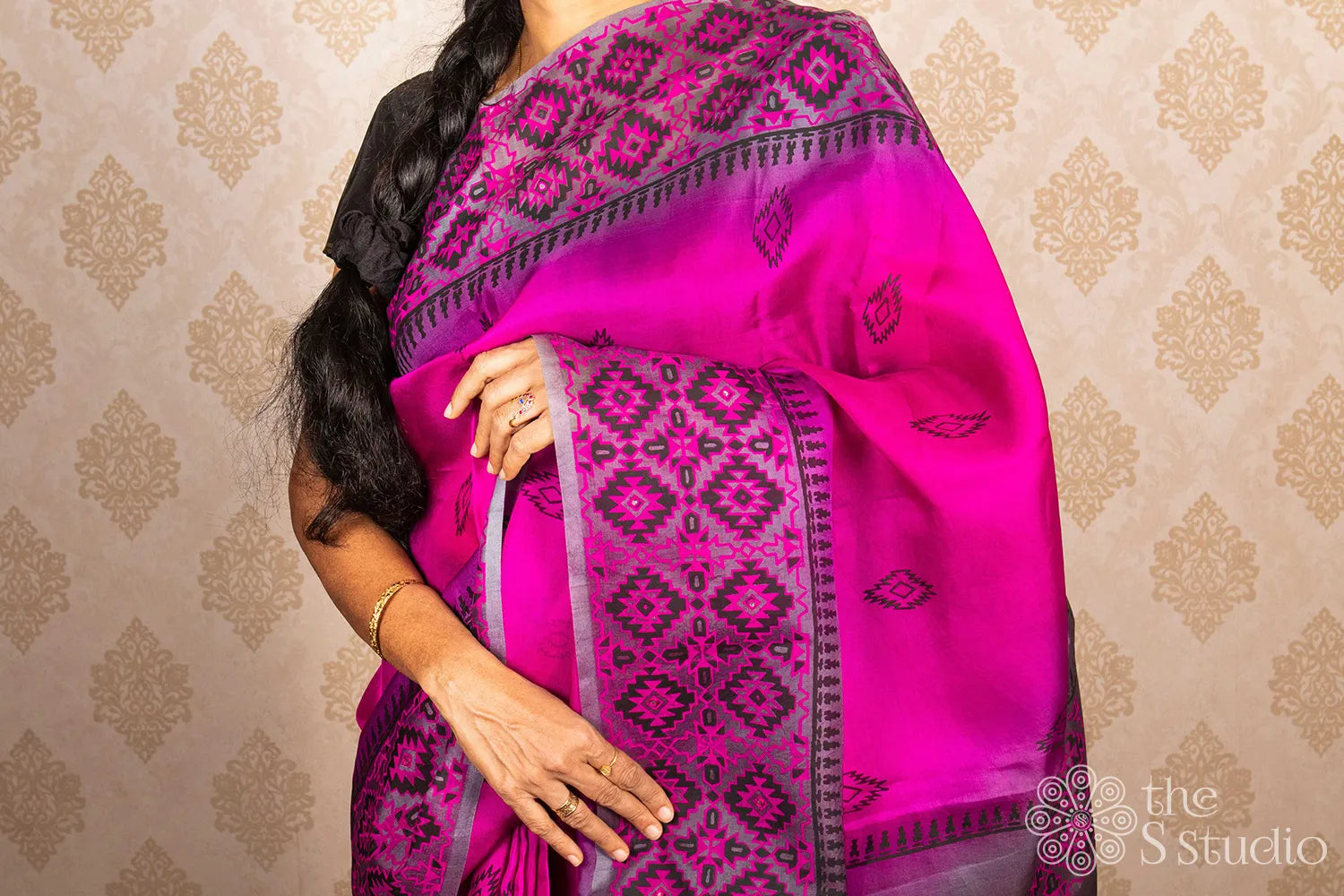 Magenta organza saree with block prints