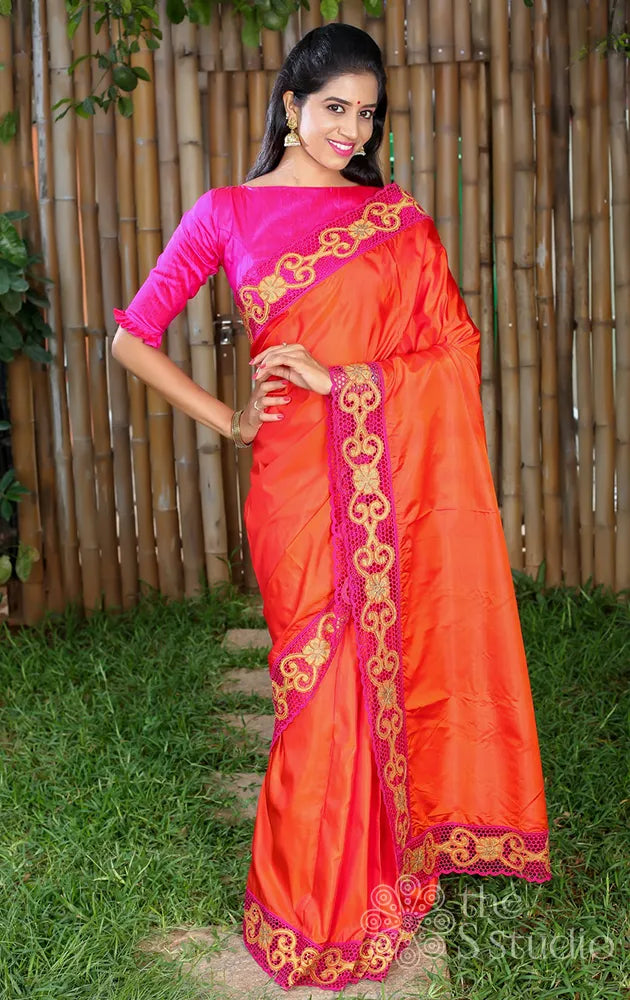 Sabyasachi-Inspired Tangerine Orange Silk Blend Saree & Red Designer B –  Vara Vastram