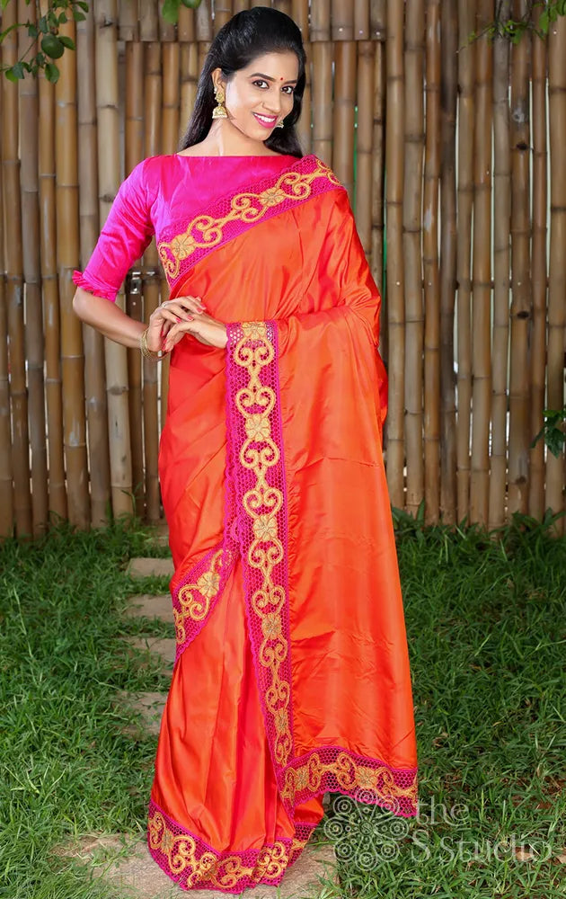 Orange cutwork kanchipuram silk saree