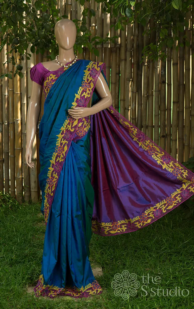 Peacock blue kanchipuram saree with cutwork