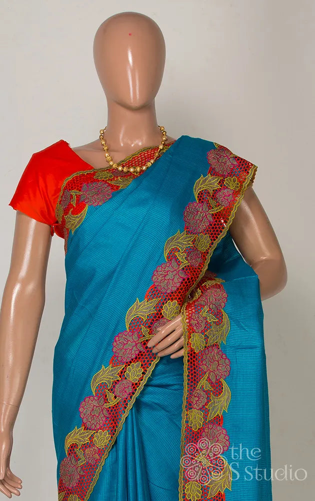 Blue Tussar Cutwork Saree with Blouse