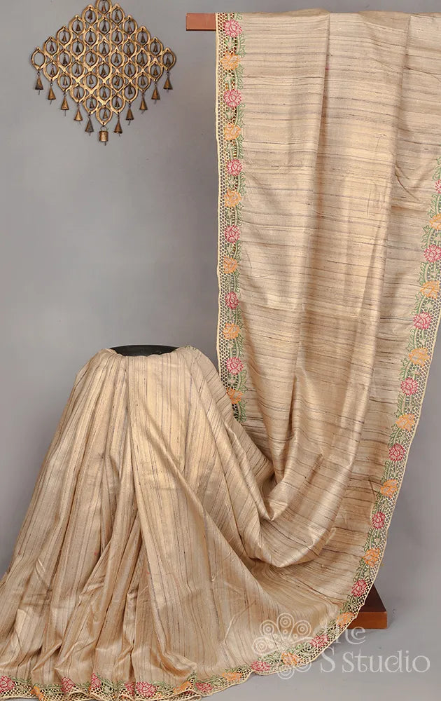Beige tussar silk saree with cutwork