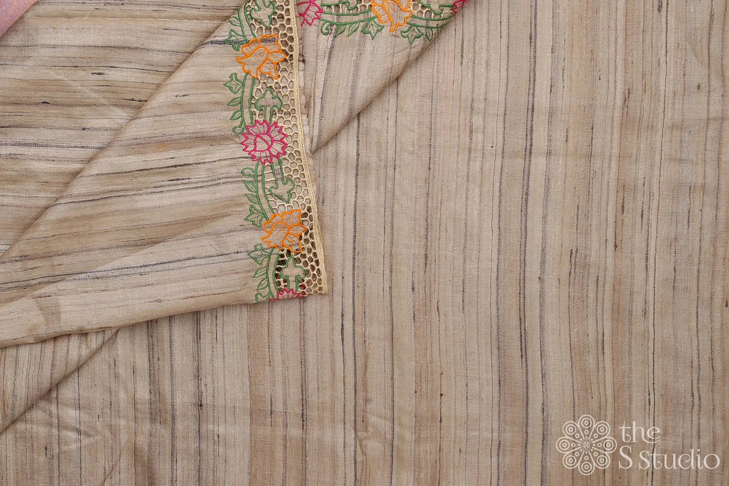 Beige tussar silk saree with cutwork
