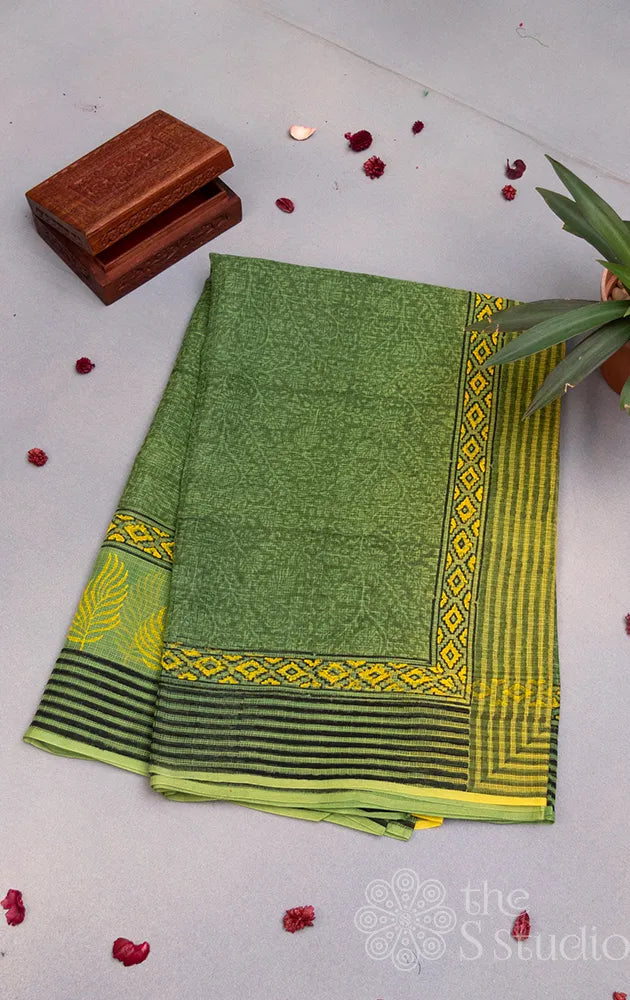 Green kota cotton saree with hand block prints