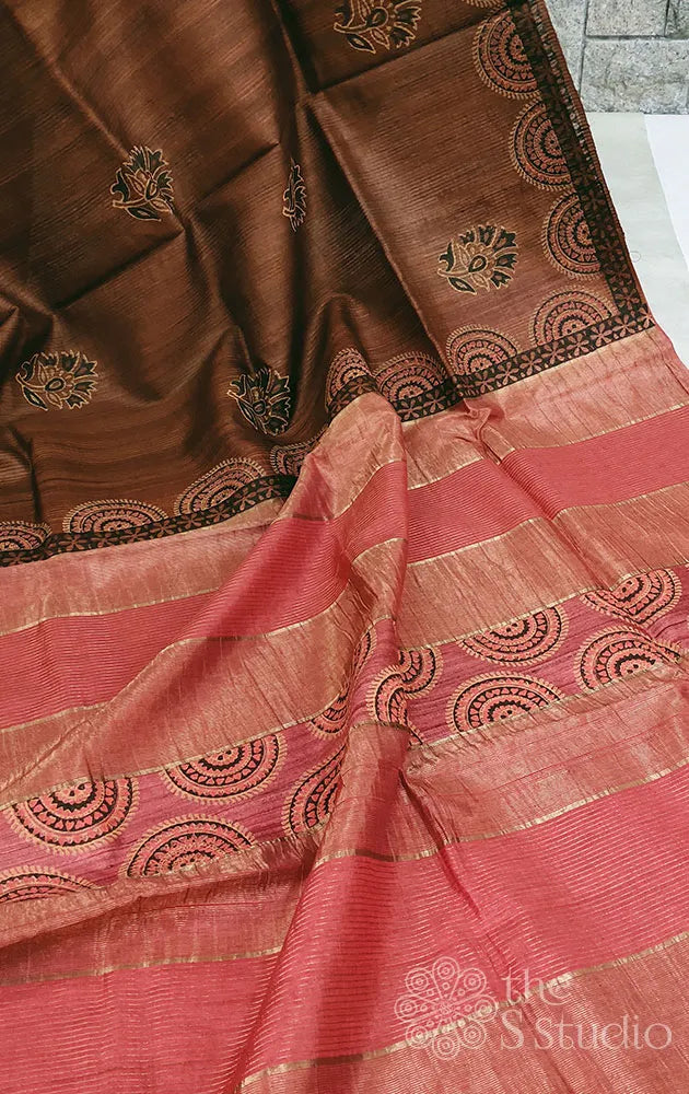 Brown Tussar Silk Saree with Block Prints