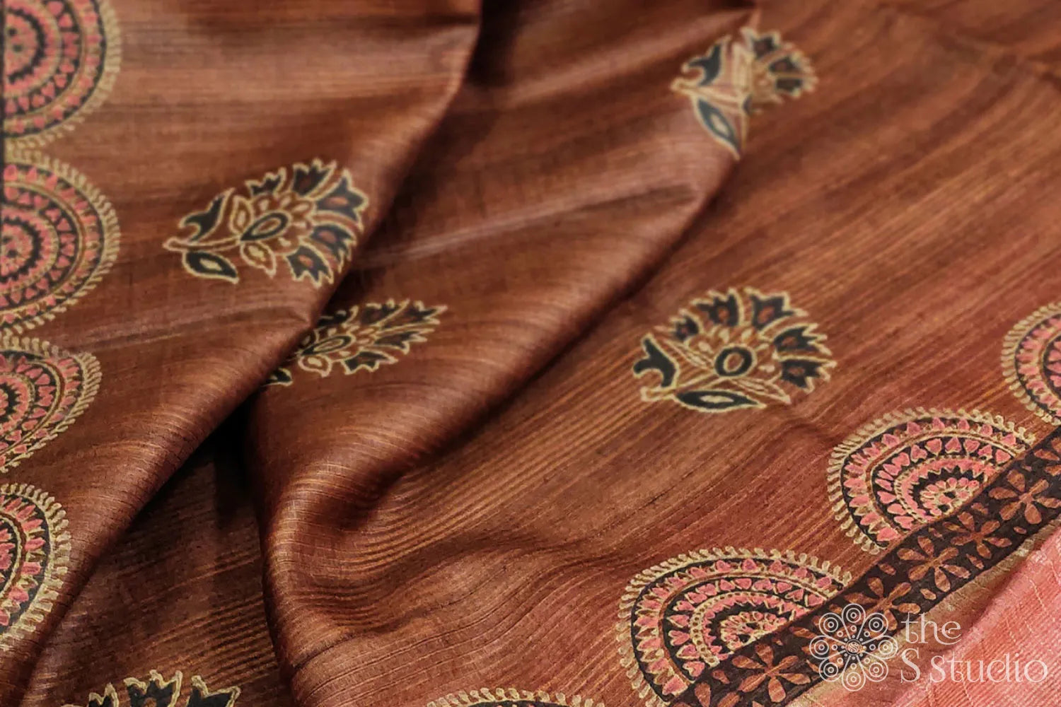 Brown Tussar Silk Saree with Block Prints