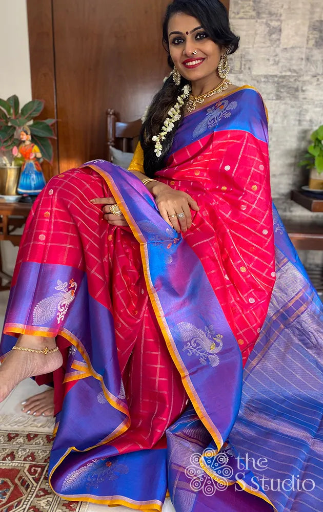Red Gadwal Silk Saree with Violet Border