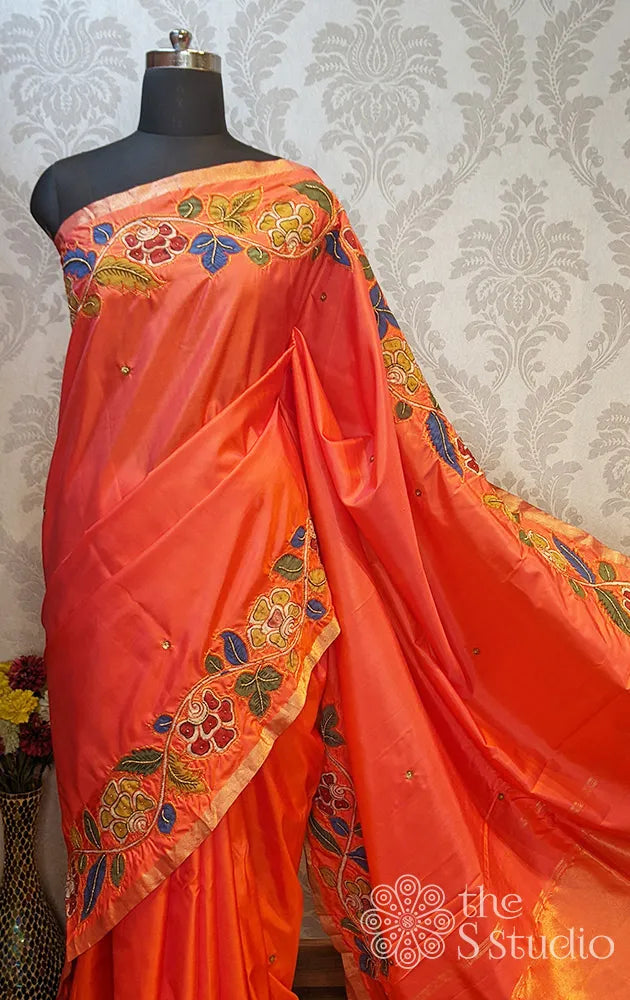 Orange soft silk with hand painted kalamkari work