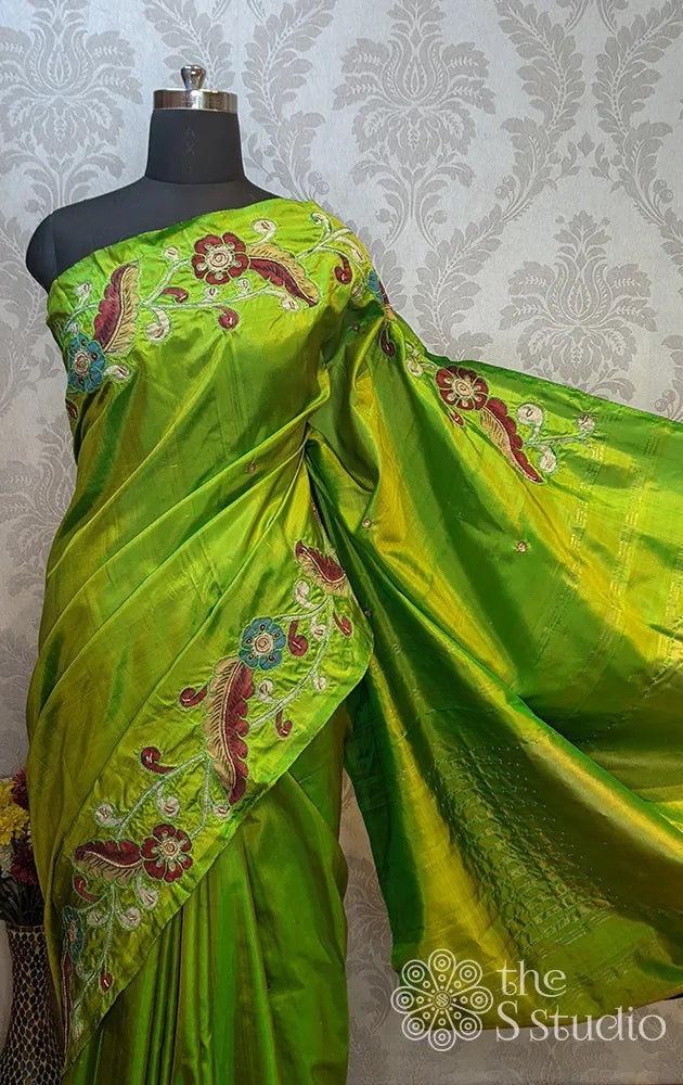 Parrot green soft silk saree with kalamkari work