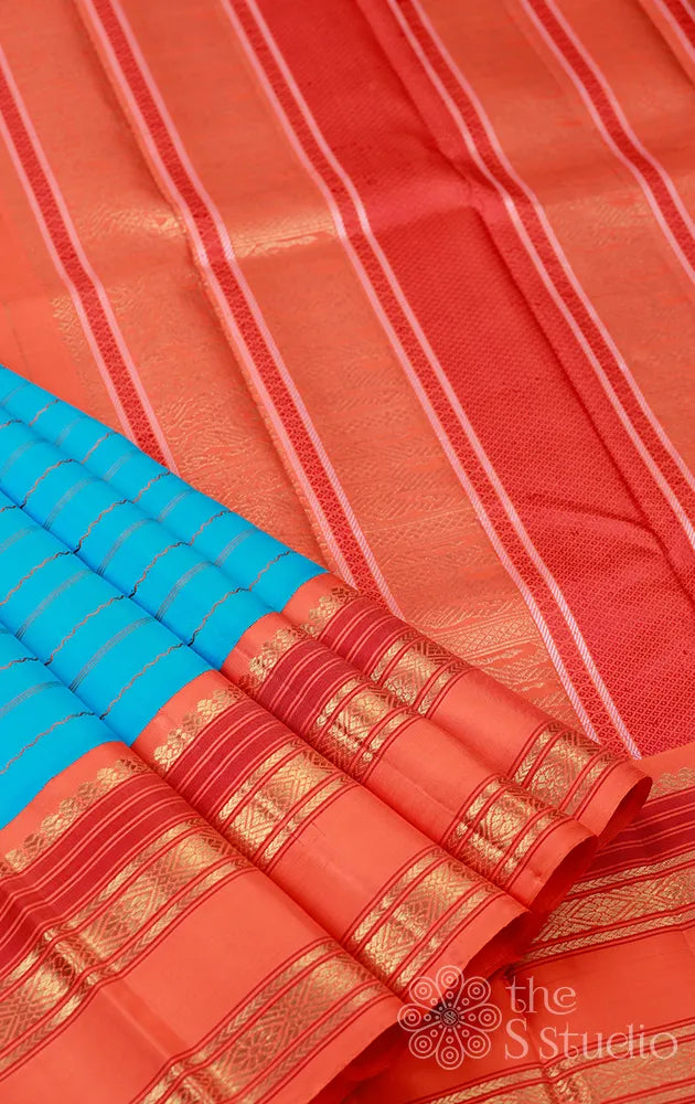 Orange and Blue color silk sarees with broad contrast borders design  -SILK0003247