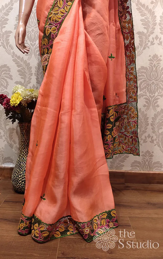 Pastel Orange Organza Kalamkari Cutwork saree