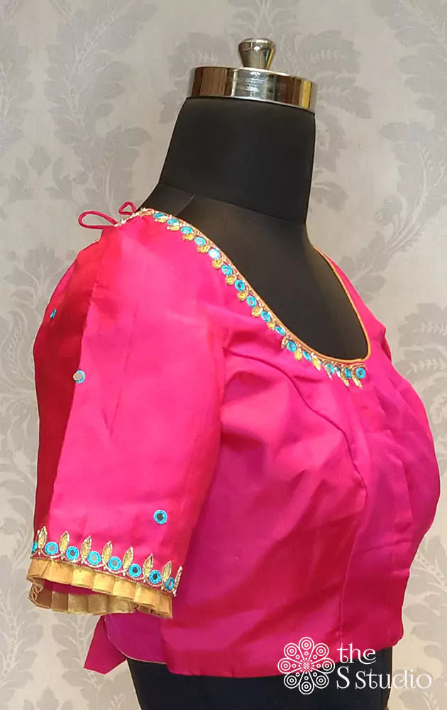 Rani pink kanchi silk readymade blouse with embroidery