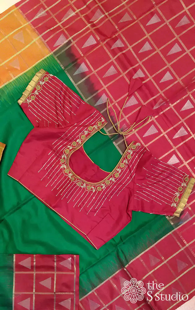 Red kanchi silk readymade blouse with embroidery