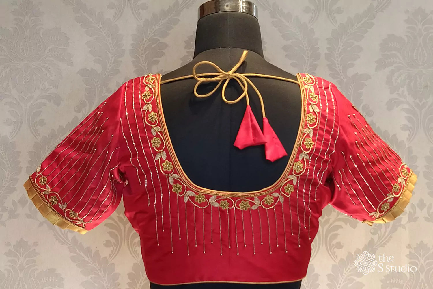 Red kanchi silk readymade blouse with embroidery