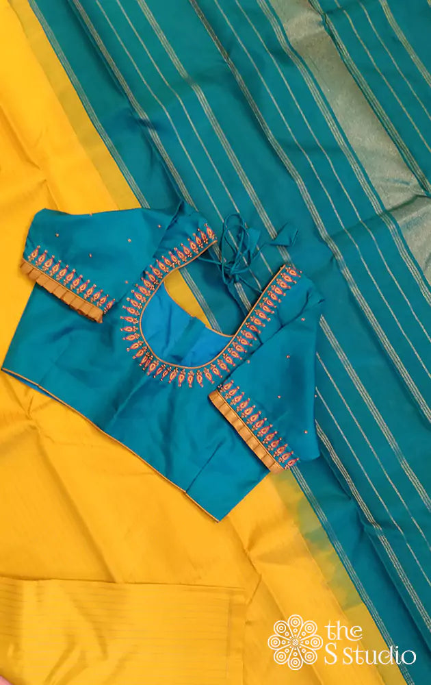 Blue kanchi silk readymade blouse with embroidery