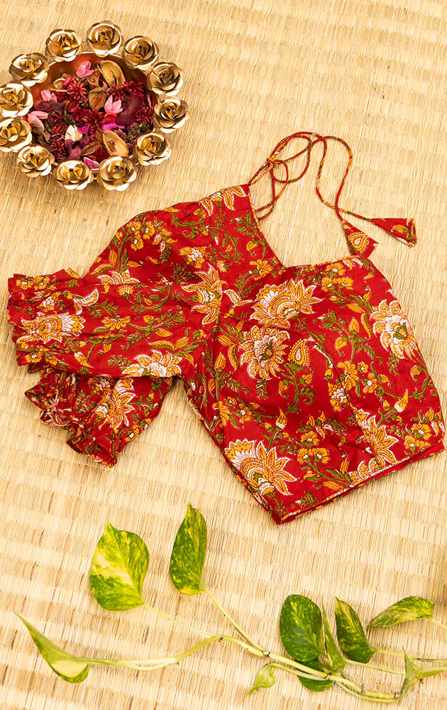 Red floral printed cotton  blouse with neck pattern