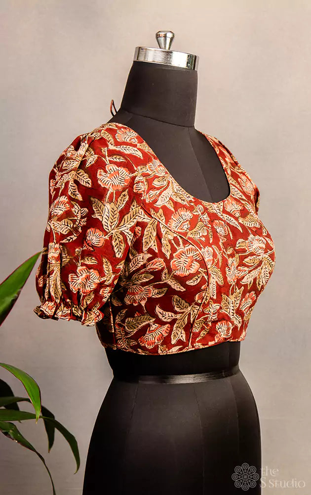Maroon floral printed cotton  blouse with neck pattern