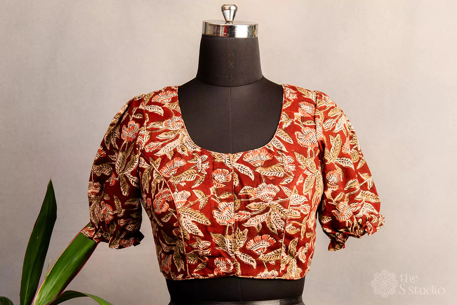 Maroon floral printed cotton  blouse with neck pattern