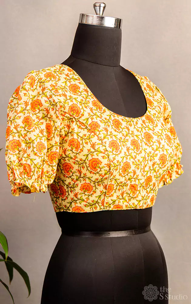Yellow and orange printed cotton  blouse with neck pattern