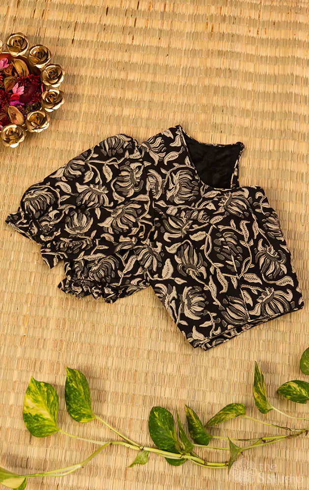 Black printed cotton  blouse with neck pattern