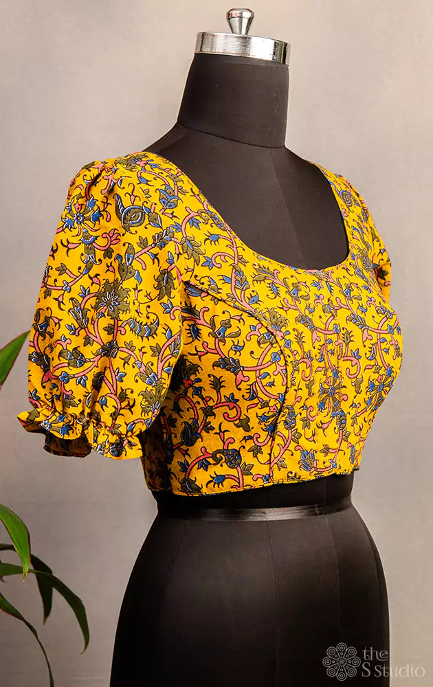 Mustard and blue printed cotton  blouse with neck pattern