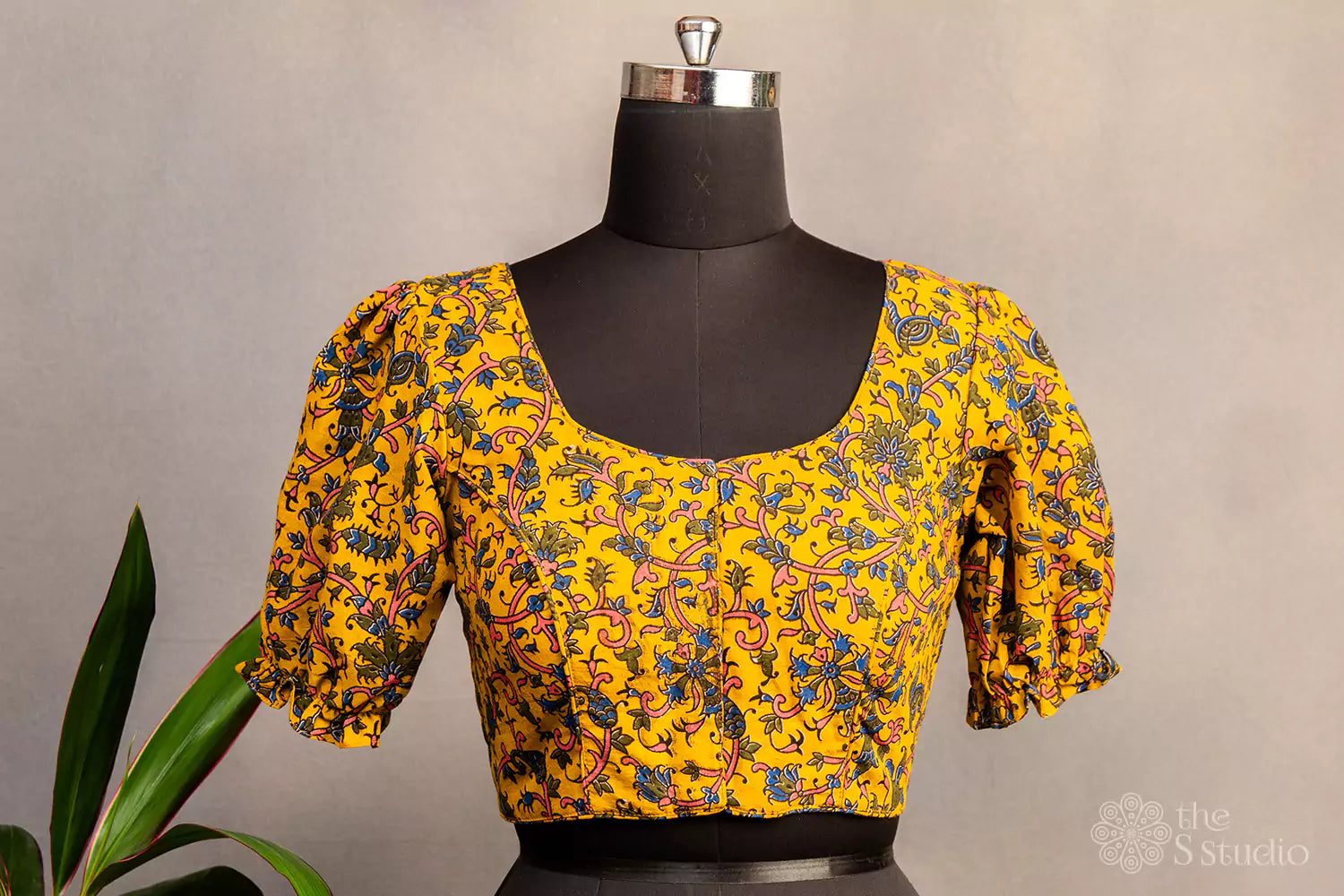 Mustard and blue printed cotton  blouse with neck pattern