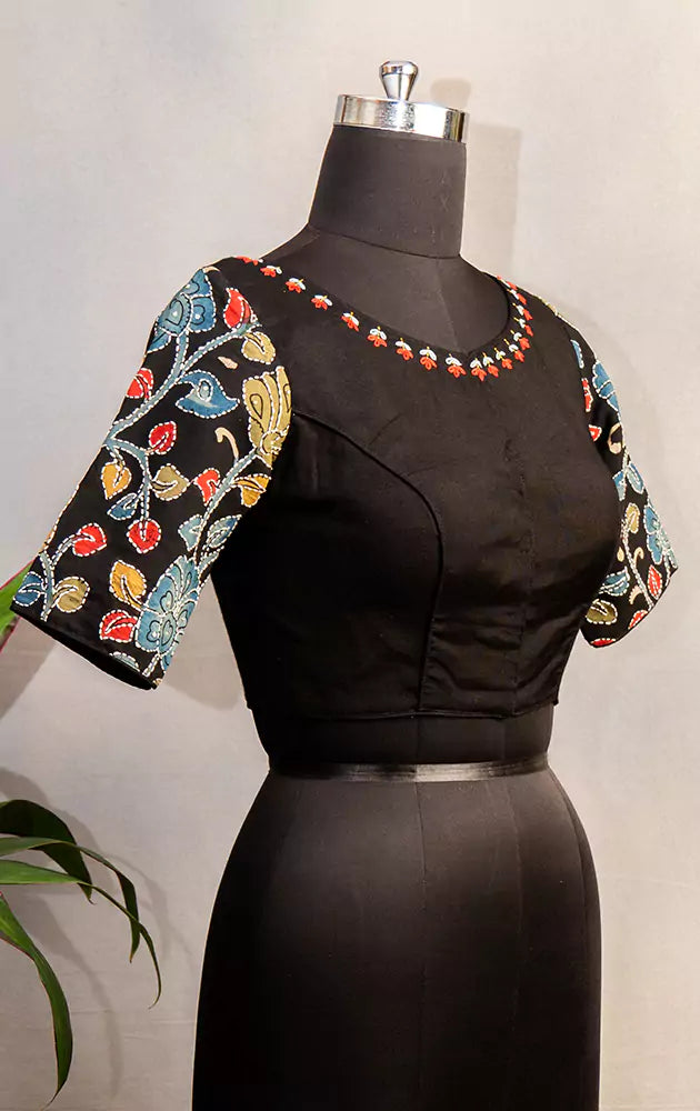 Black embroidered cotton silk blouse with kalamkari hand painted sleeves
