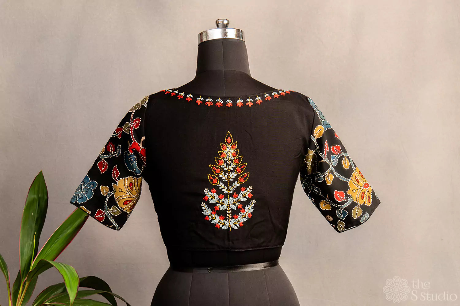 Black embroidered cotton silk blouse with kalamkari hand painted sleeves