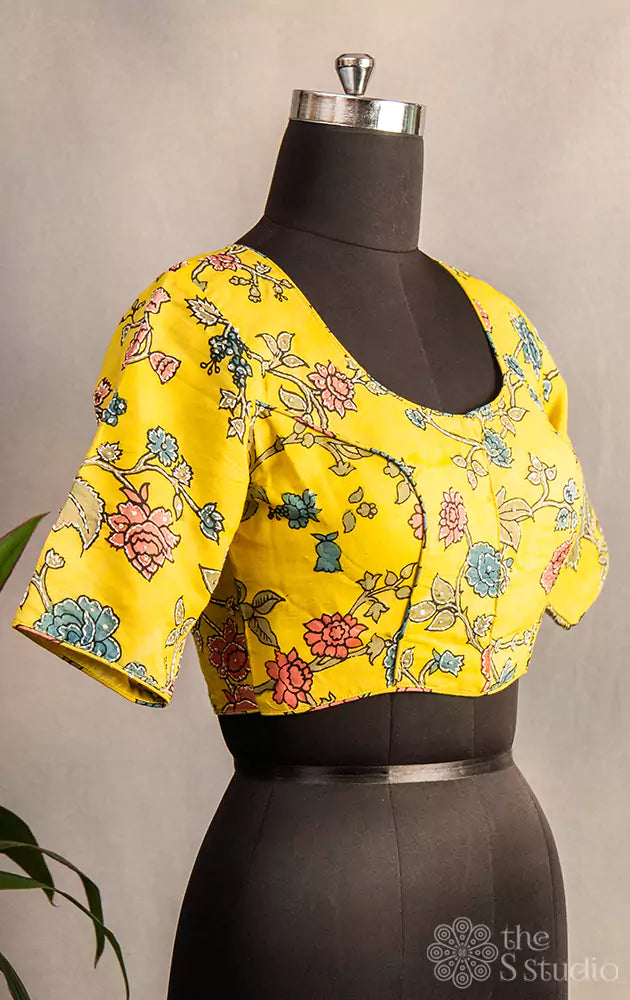 Light yellow pen kalamkari hand painted silk blouse with kantha embroidery