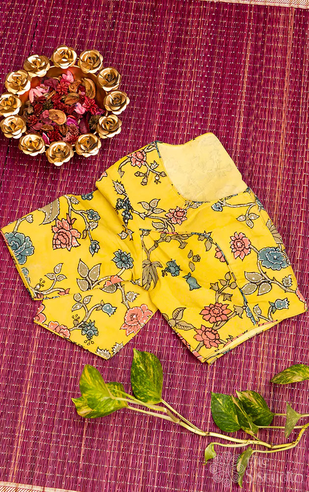Light yellow pen kalamkari hand painted silk blouse with kantha embroidery