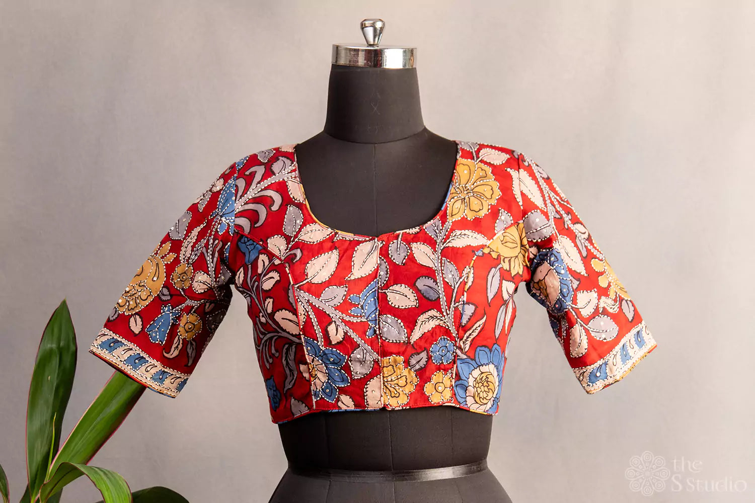 Red pen kalamkari hand painted silk blouse with kantha embroidery