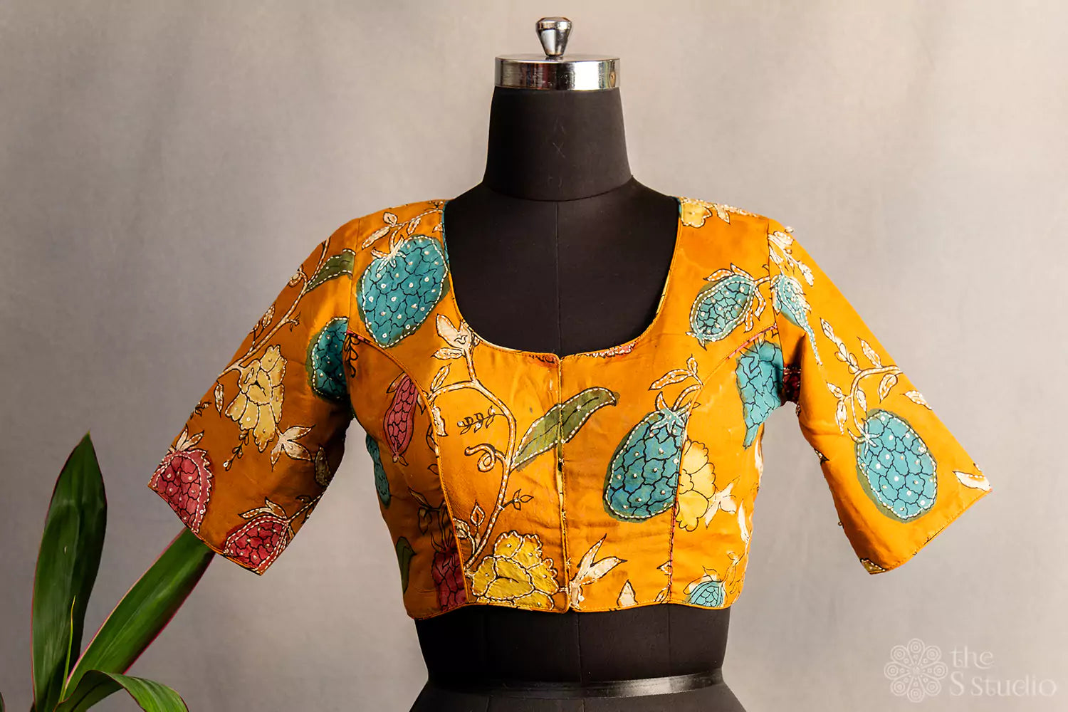 Mustard pen kalamkari hand painted silk blouse with kantha embroidery