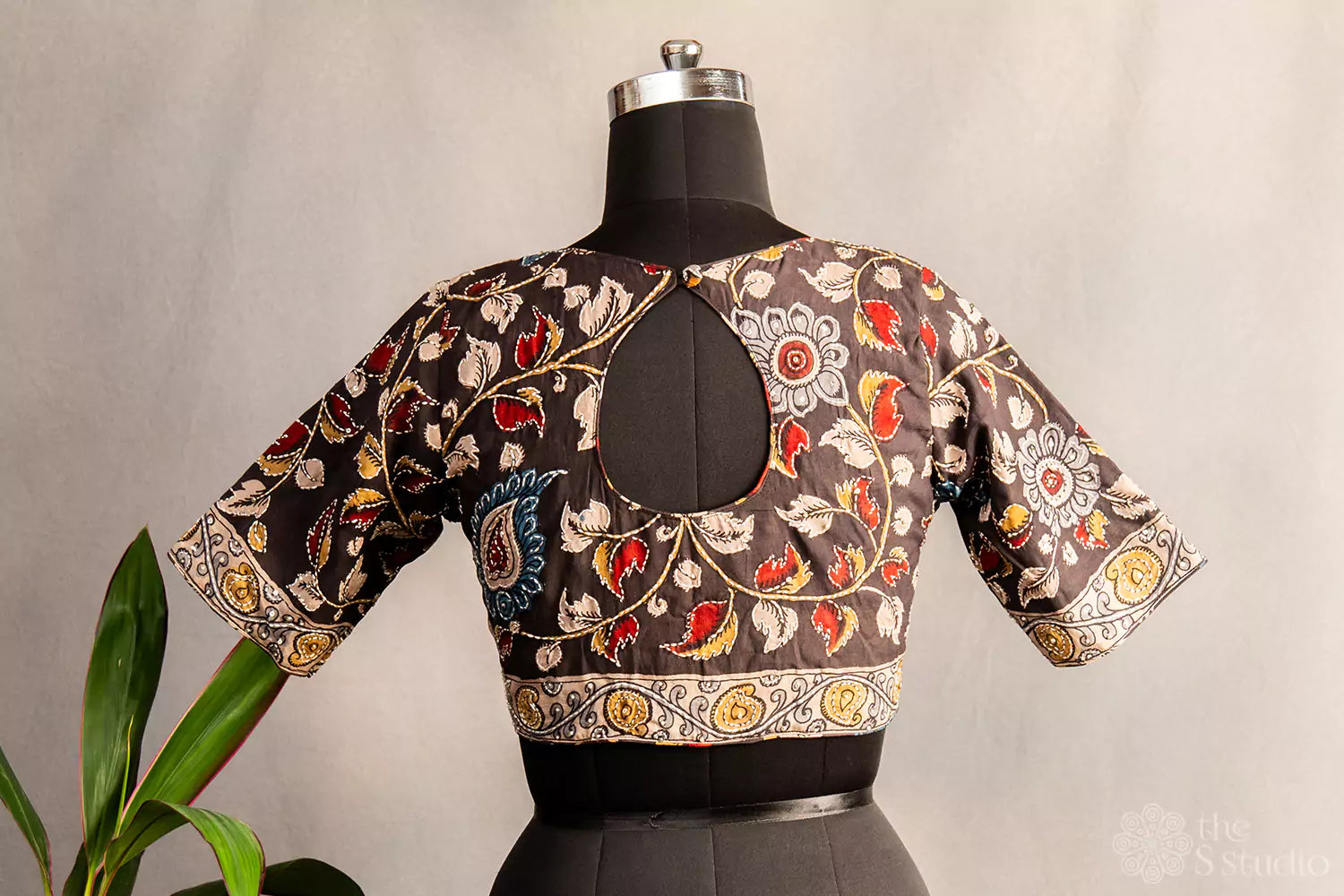Black pen kalamkari hand painted silk blouse with kantha embroidery