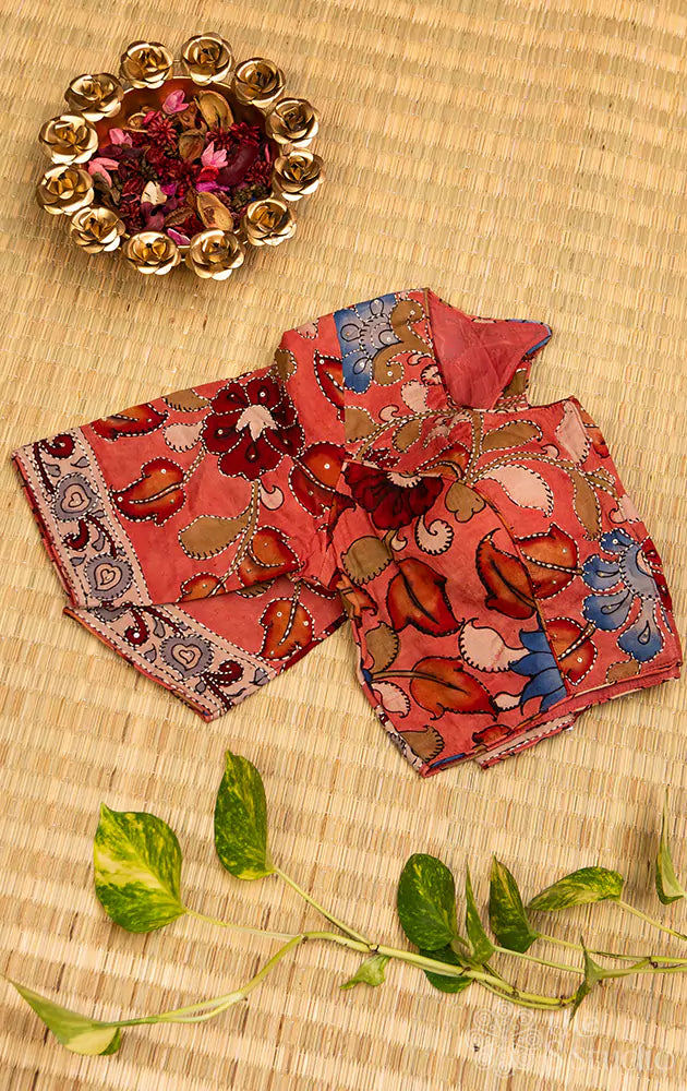Pinkish red pen kalamkari hand painted silk blouse with kantha embroidery