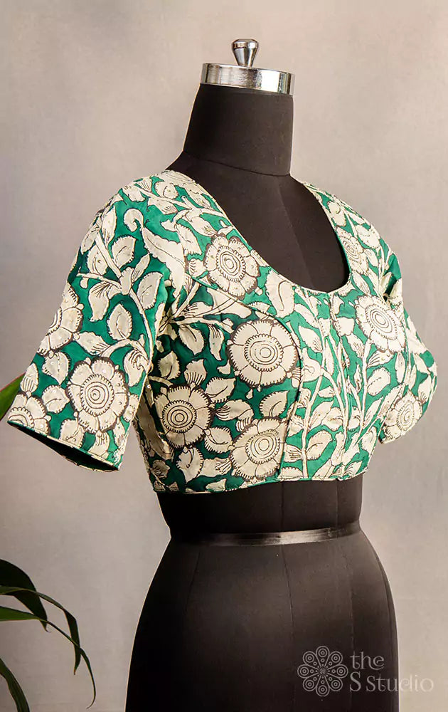 Green and white pen kalamkari hand painted silk blouse with kantha embroidery