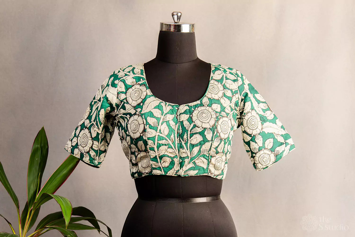 Green and white pen kalamkari hand painted silk blouse with kantha embroidery
