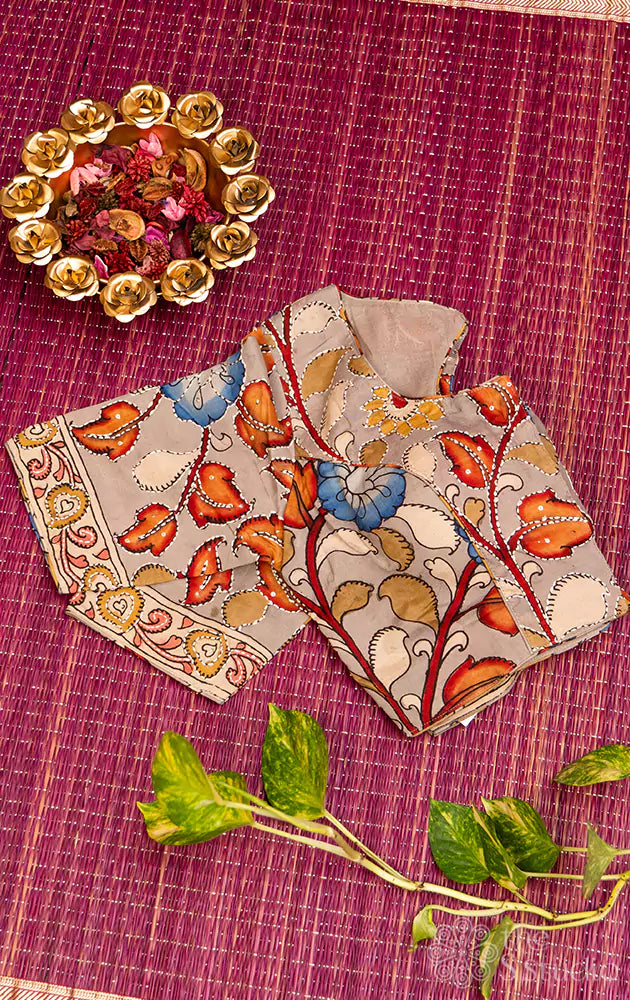 Grey hand painted pen kalamkari silk blouse with kantha embroidery