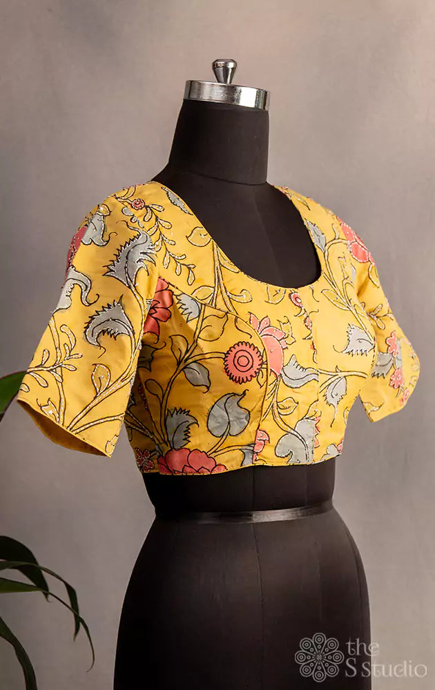 Yellow pen kalamkari hand painted silk blouse with kantha embroidery