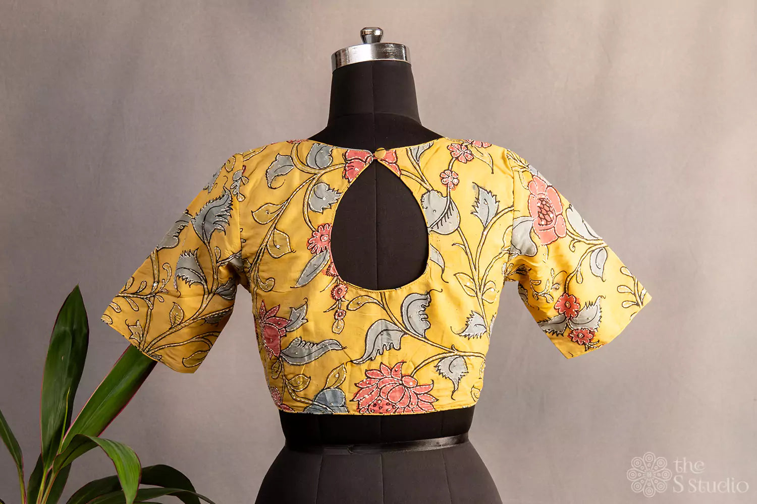 Yellow pen kalamkari hand painted silk blouse with kantha embroidery