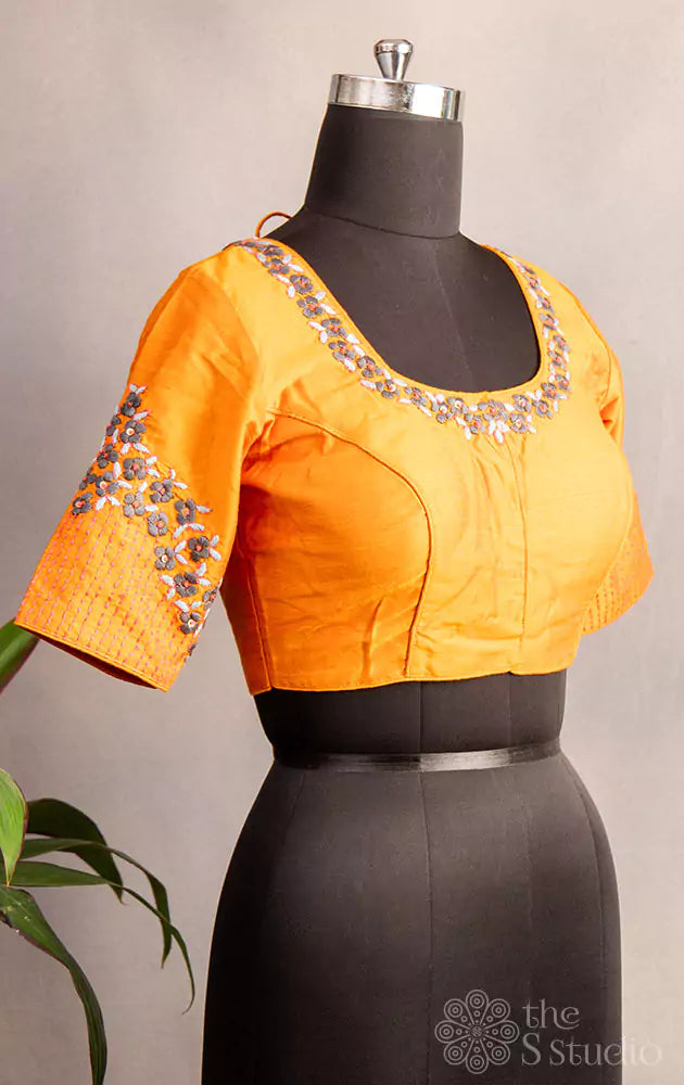 Mustard hand  embroidered raw silk blouse with neck pattern