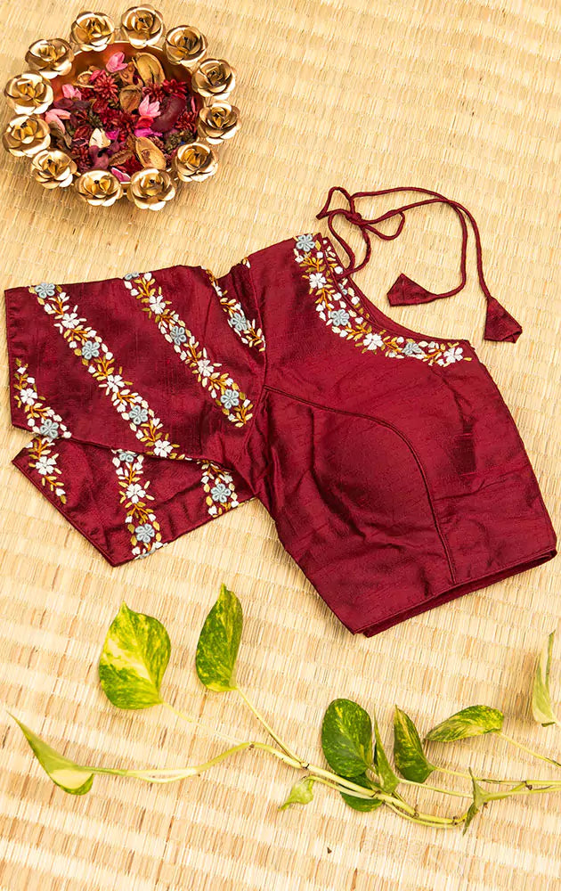 Maroon hand  embroidered raw silk blouse with rounded v neck pattern