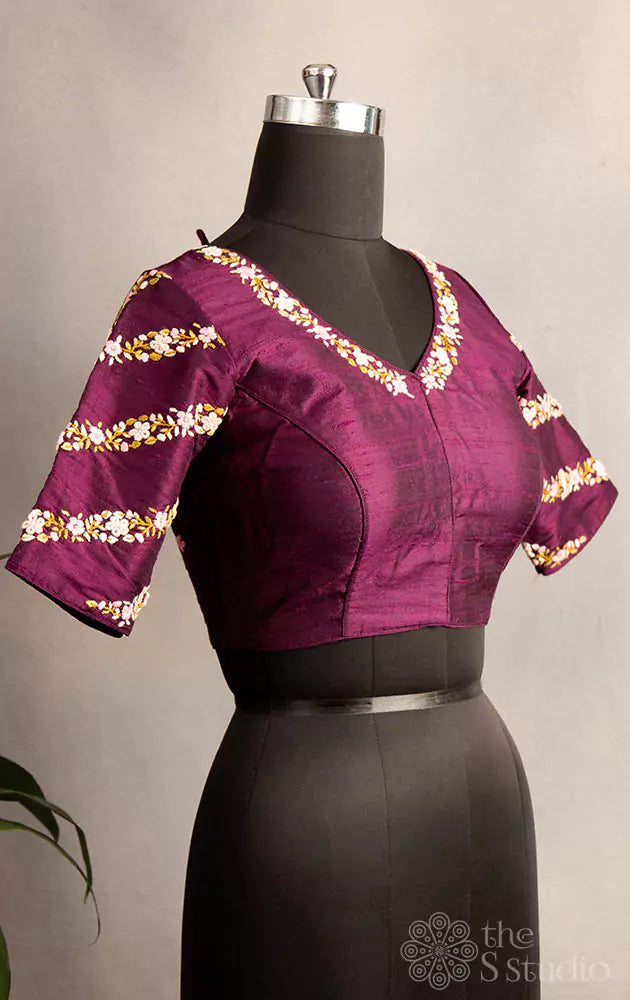 Purple hand  embroidered raw silk blouse with neck pattern